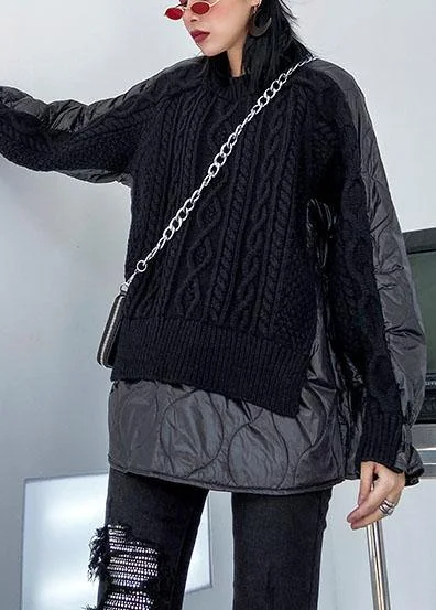 Aesthetic black knit blouse o neck patch work fashion spring knit sweat tops Pleated Collar Blouse