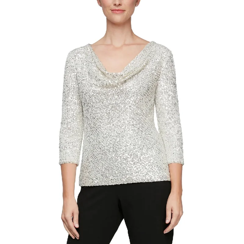 Alex Evenings Womens Petites Sequined Cowlneck Blouse Silky Draped Blouse