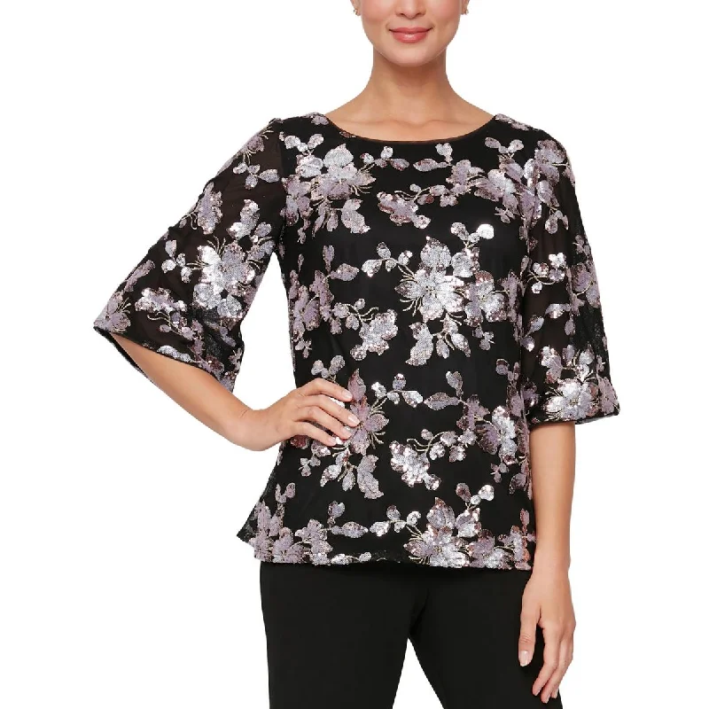 Alex Evenings Womens Petites Sequined Split Hem Blouse Side Tie Blouse