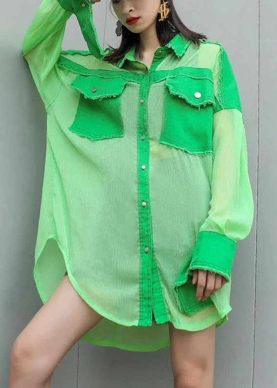 Art green chiffon patchwork tops women blouses big pockets tunic summer blouses Airy Cotton Blouse