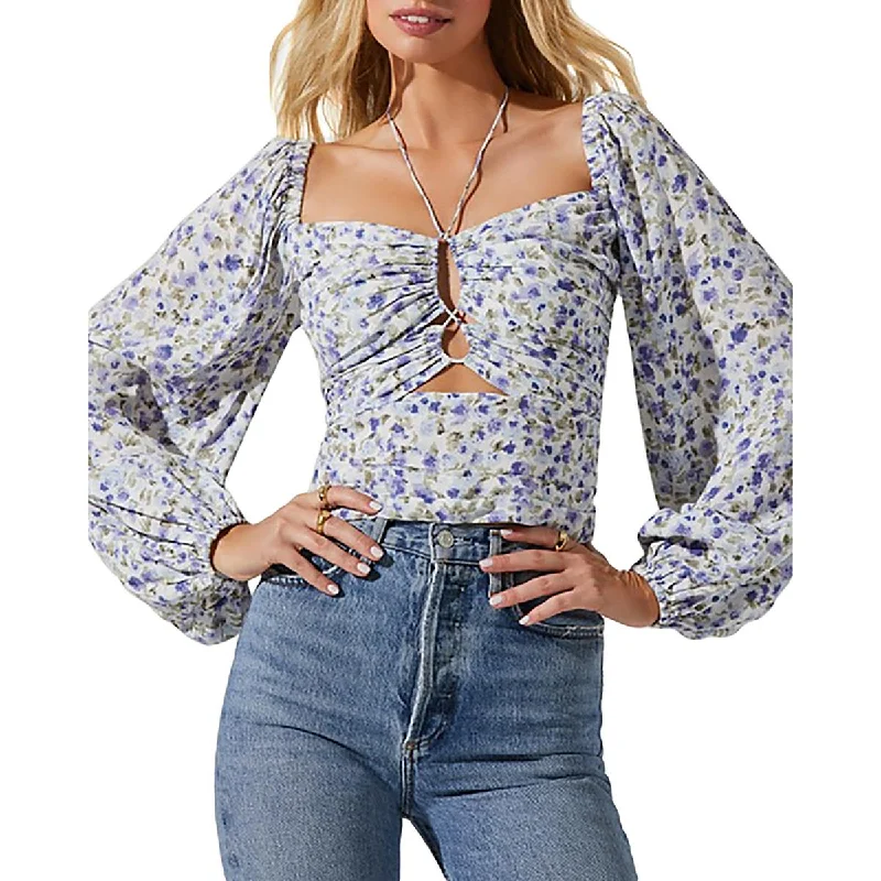 ASTR the Label Womens Floral Print Keyhole Blouse Peter Pan Blouse