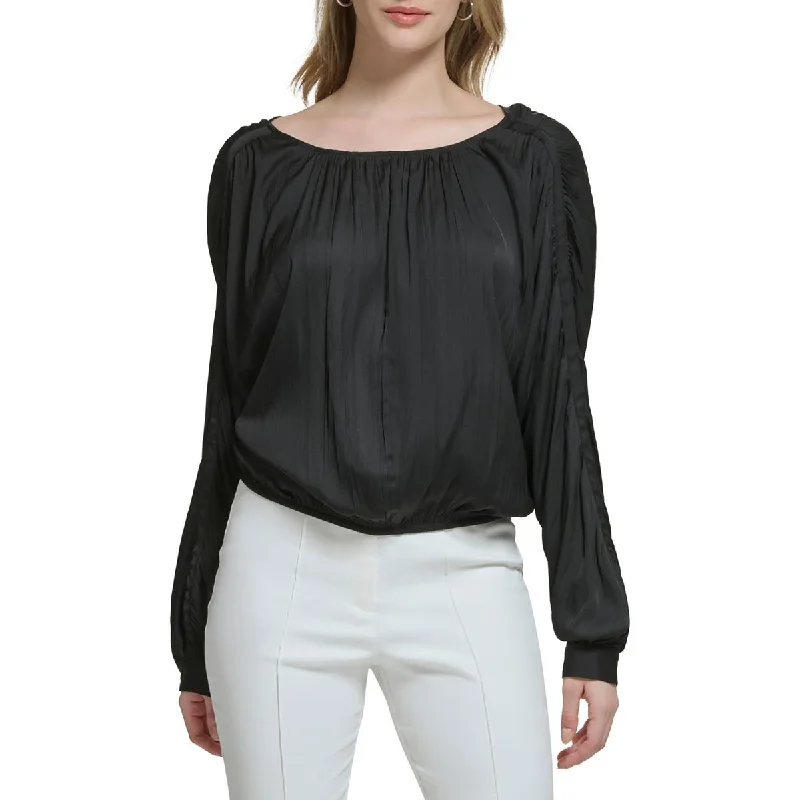 Calvin Klein Womens Shirred Boat-Neck Blouse Versatile Layering Blouse