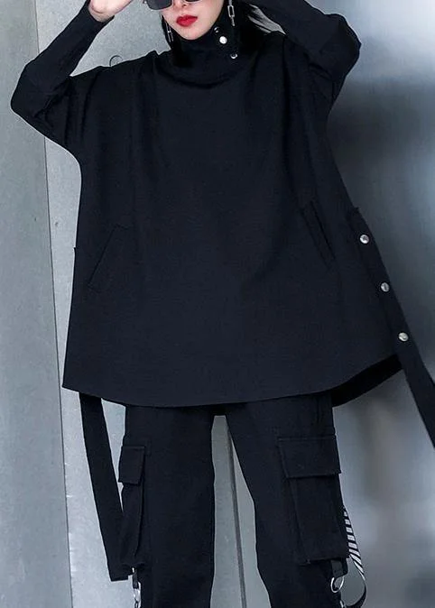 Chic black cotton Blouse high neck asymmetric daily blouse Balloon Sleeve Blouse