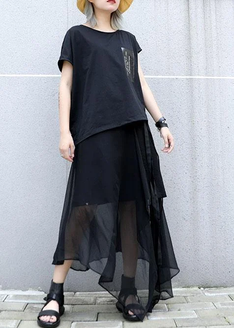 Classy black cotton clothes asymmetric short sleeve tunic summer blouses Airy Cotton Blouse