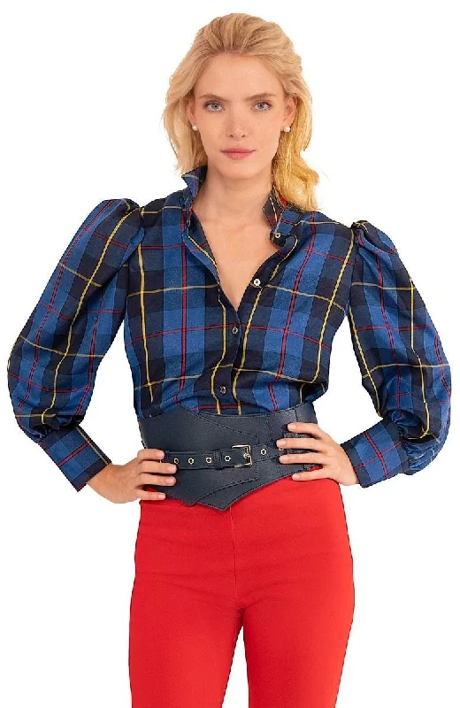 Gretchen Scott Juliette Blouse - Plaidly Cooper - Blue Plaid Soft Satin Blouse