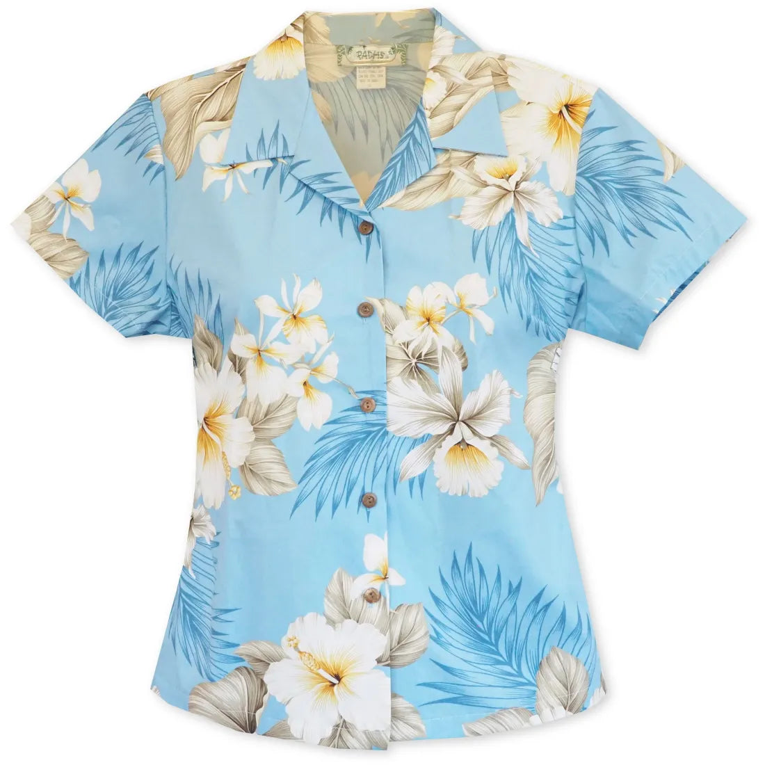 Hibiscus Joy Blue Lady's Hawaiian Cotton Blouse Double Button Blouse