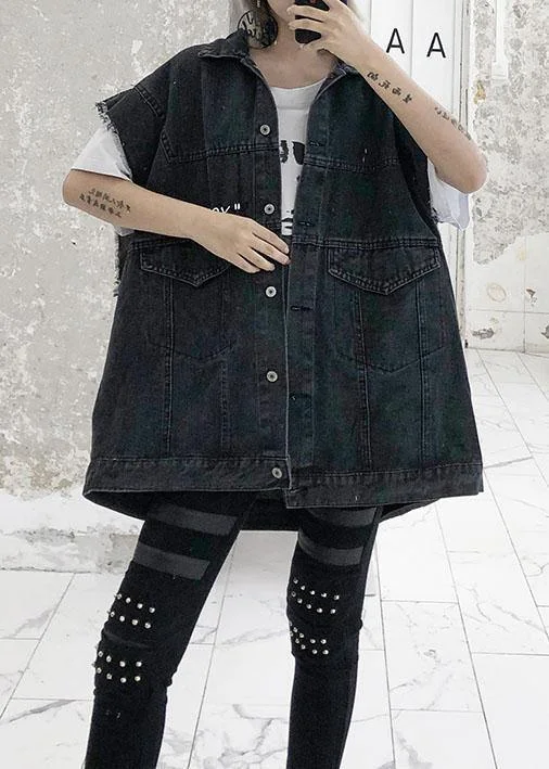 Natural black cotton clothes For Women short sleeve loose fall denim blouse Versatile Layering Blouse