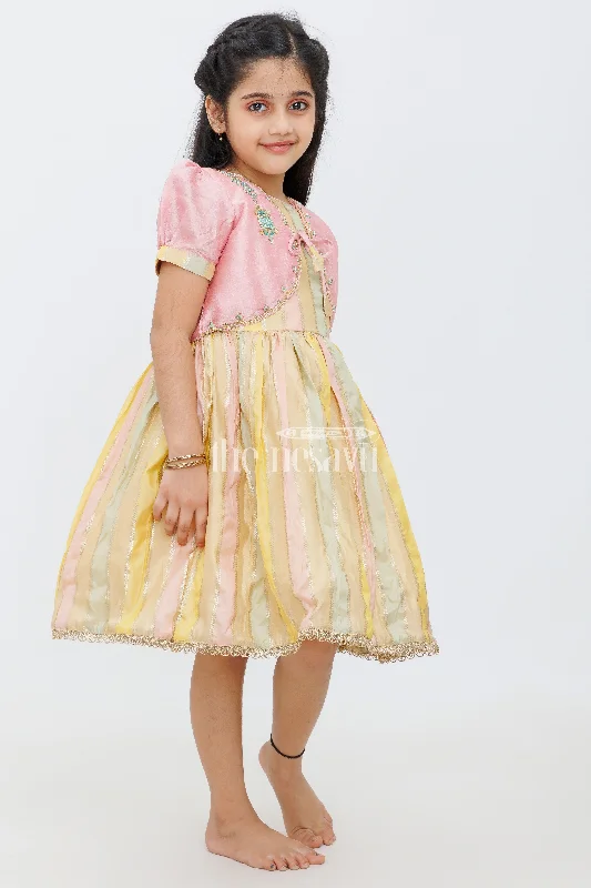 Pink and Gold Semi-Organza Frock for Girls with Embroidered Blouse Ruffled Neck Blouse