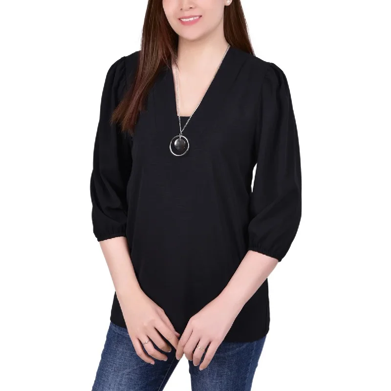 NY Collection Womens Petites Knit V-Neck Blouse Modern Oversized Blouse