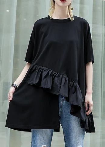 Organic black cotton Blouse rrffles hem oversized summer tops Smart Casual Blouse