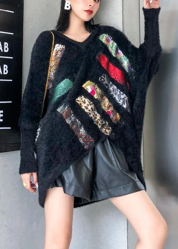 Oversized prints black knitted blouse oversize v neck knitted clothes Elegant Semi-Sheer Blouse