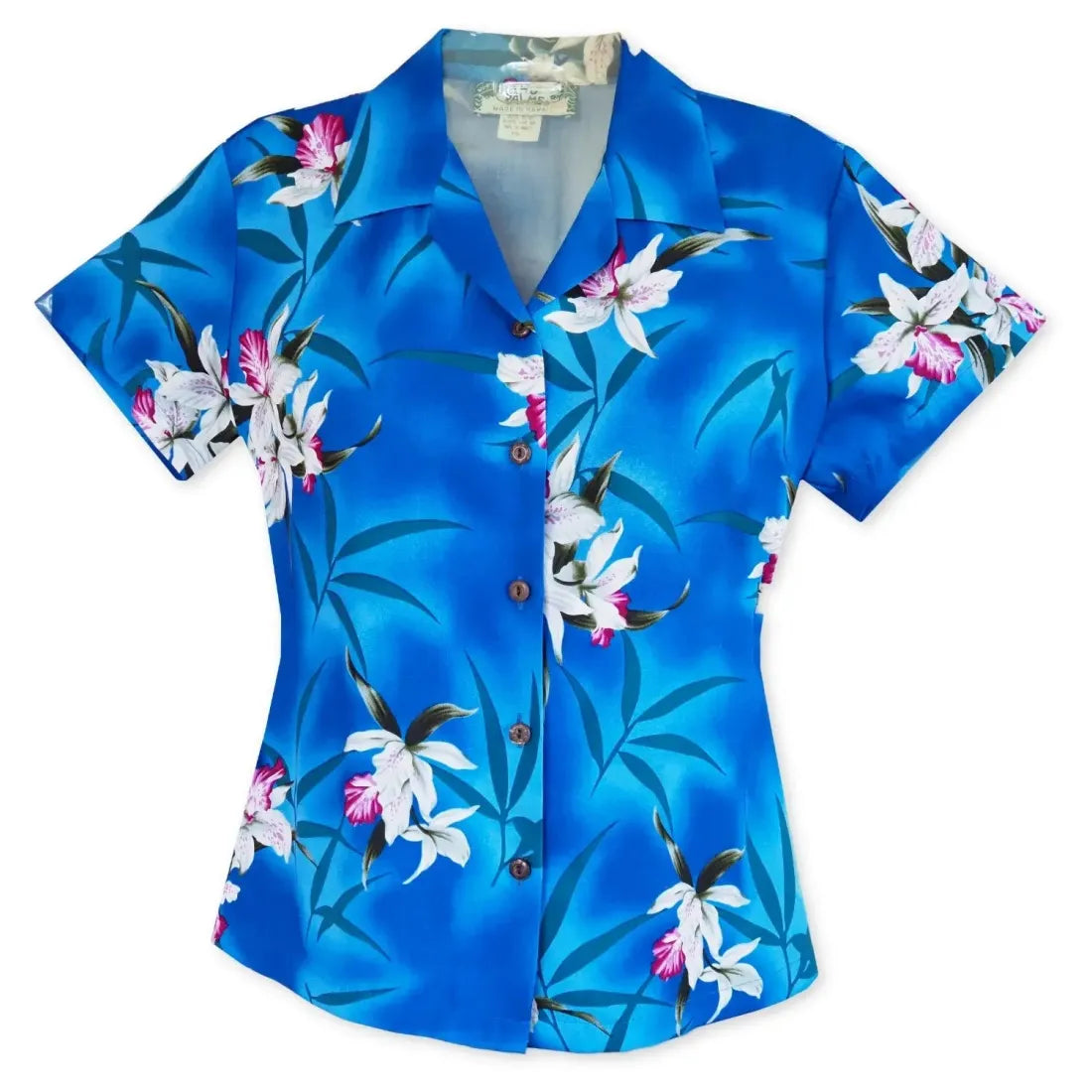 Poipu Blue Lady's Hawaiian Rayon Blouse Chic Off-Shoulder Blouse