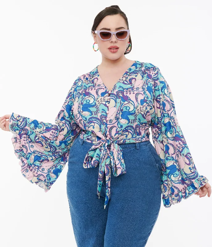 Smak Parlour Plus Size Blue & Purple Psychedelic Floral Belva Crop Blouse Feminine Puff Blouse