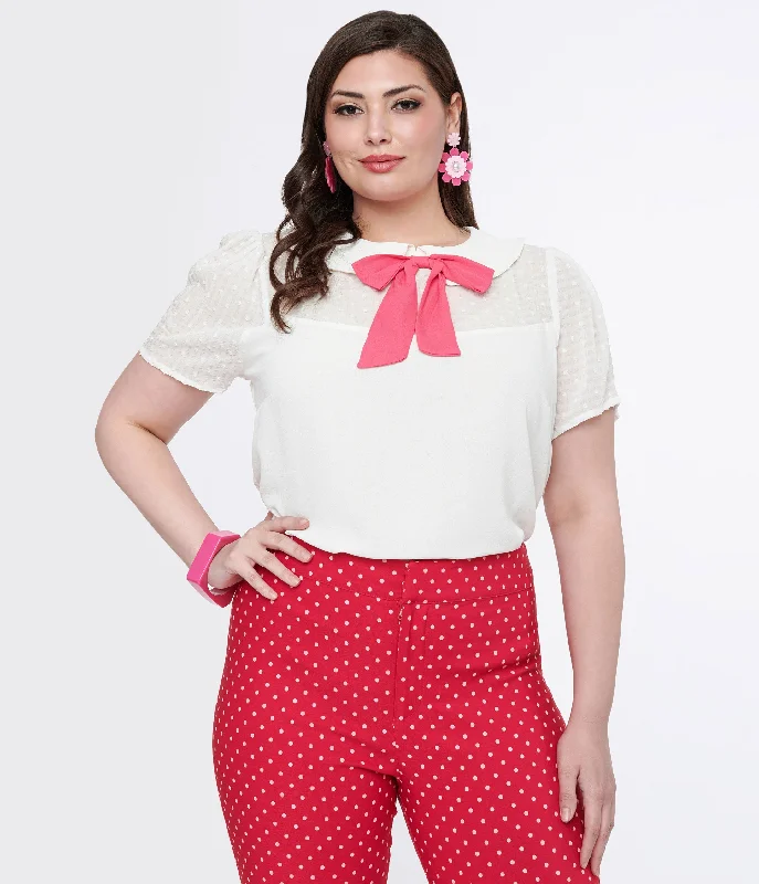 Smak Parlour Plus Size White & Pink Collared Bow Blouse Classic Striped Blouse