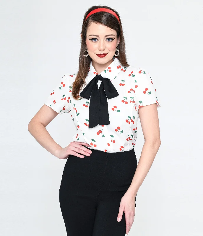 Smak Parlour White & Cherries Power Play Blouse Playful Puff Blouse