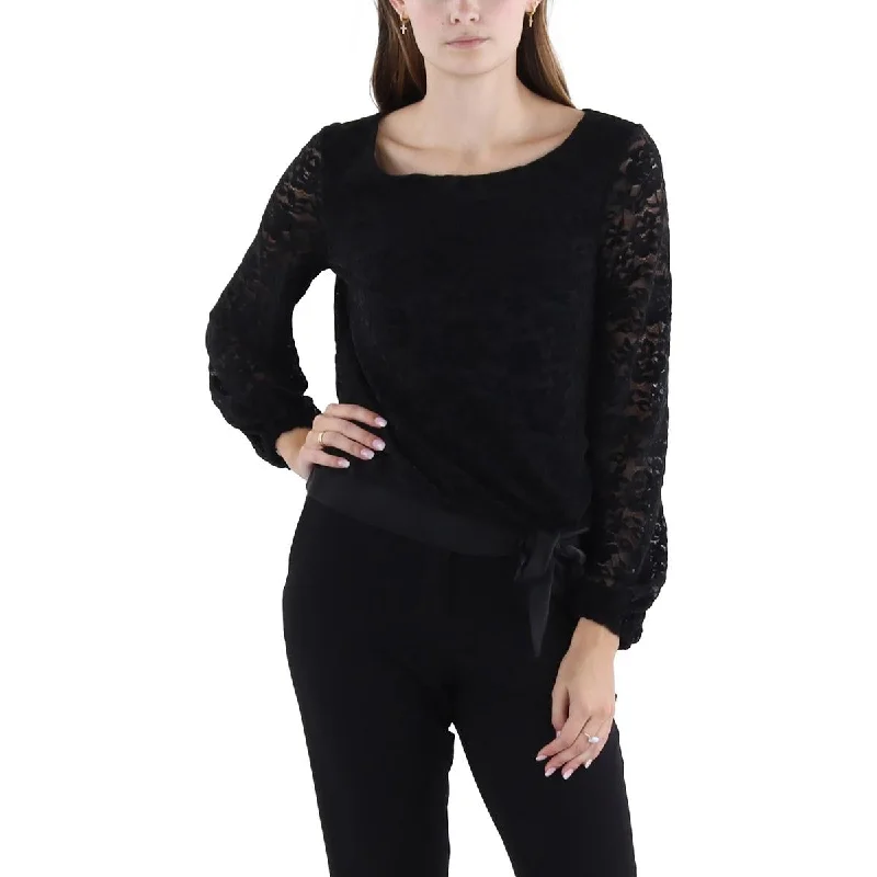 Tahari ASL Womens Chenille Lace Long Sleeve Blouse Sheer Sleeve Blouse