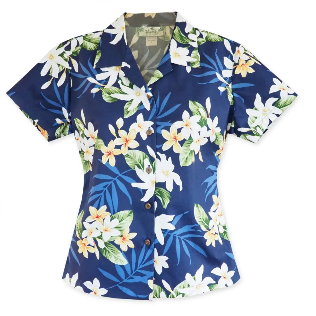 Tiare Fun Navy Lady's Hawaiian Cotton Blouse Soft Satin Blouse