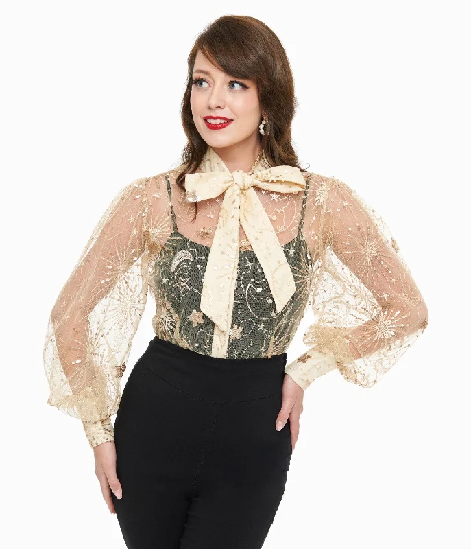 Unique Vintage Champagne Celestial Sequin Sheer Gwen Blouse Office Formal Blouse