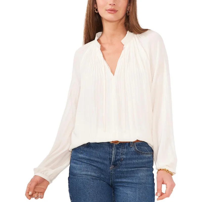 Vince Camuto Womens Shutter Pleat Tie Neck Blouse Ruched Sleeve Blouse