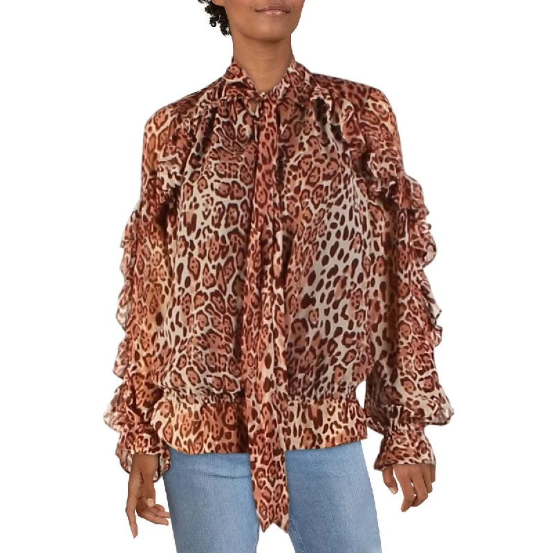 Walter Baker Womens Sophia Ruffled Animal Print Blouse Lightweight Linen Blouse