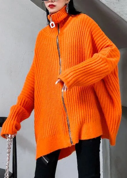 Winter orange knit tops trendy plus size high neck zippered knit blouse Collared Satin Blouse