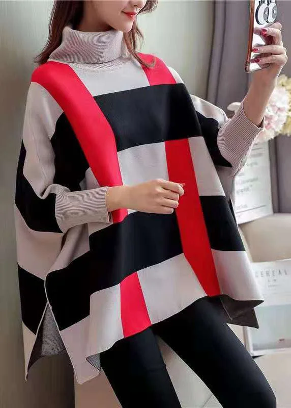 Women Striped Knit Blouse O Neck Batwing Sleeve Loose-fitting Knitted Blouse Office-Ready Blouse