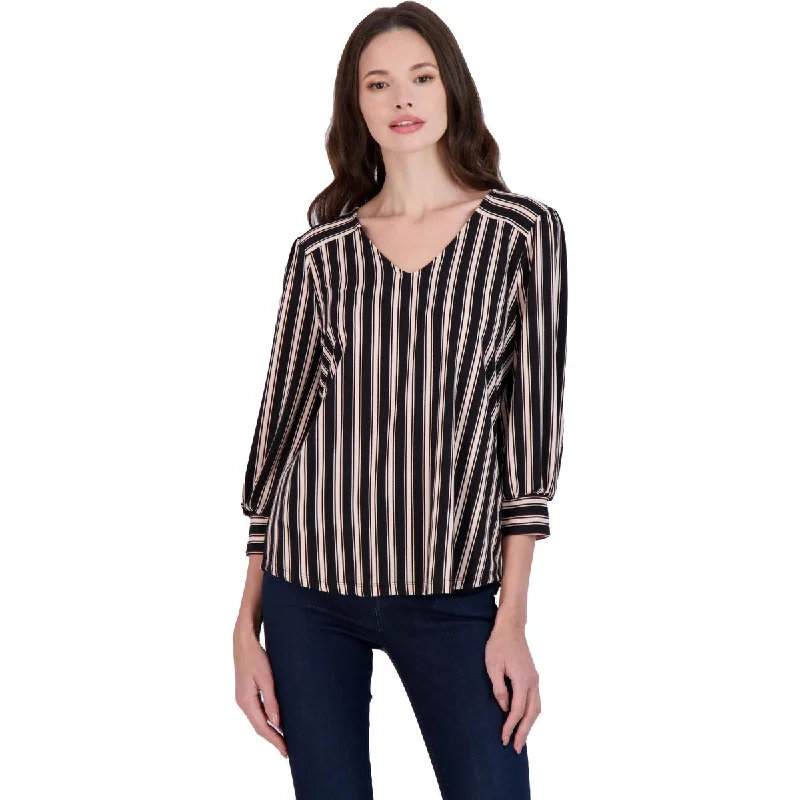 Adrianna Papell Womens Striped Three-Quarter Cuff Blouse Delicate Pleat Blouse