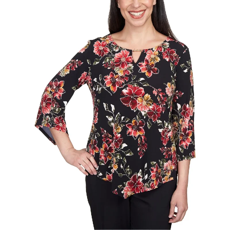 Alfred Dunner Womens Petites Embellished Neckline Polyester Blouse Boho Printed Blouse