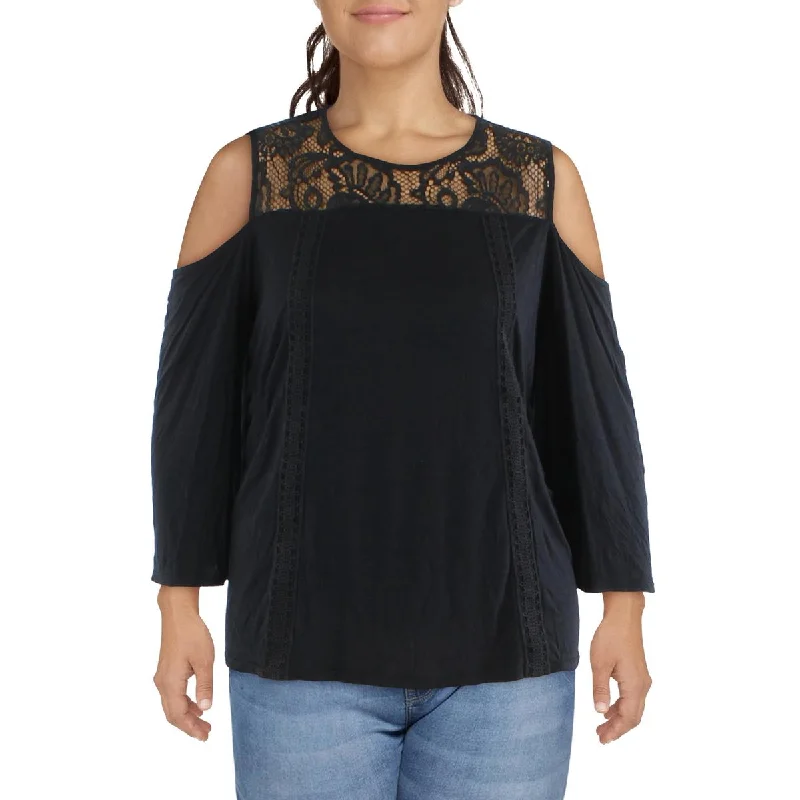 Belldini Womens Plus Lace Cold Shoulder Blouse Gathered Detail Blouse