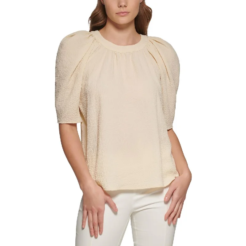 Calvin Klein Womens Puff Sleeve Textured Blouse Lightweight Tunic Blouse