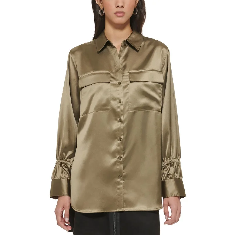 DKNY Womens Flap Pocket Satin Blouse Floral Chiffon Blouse