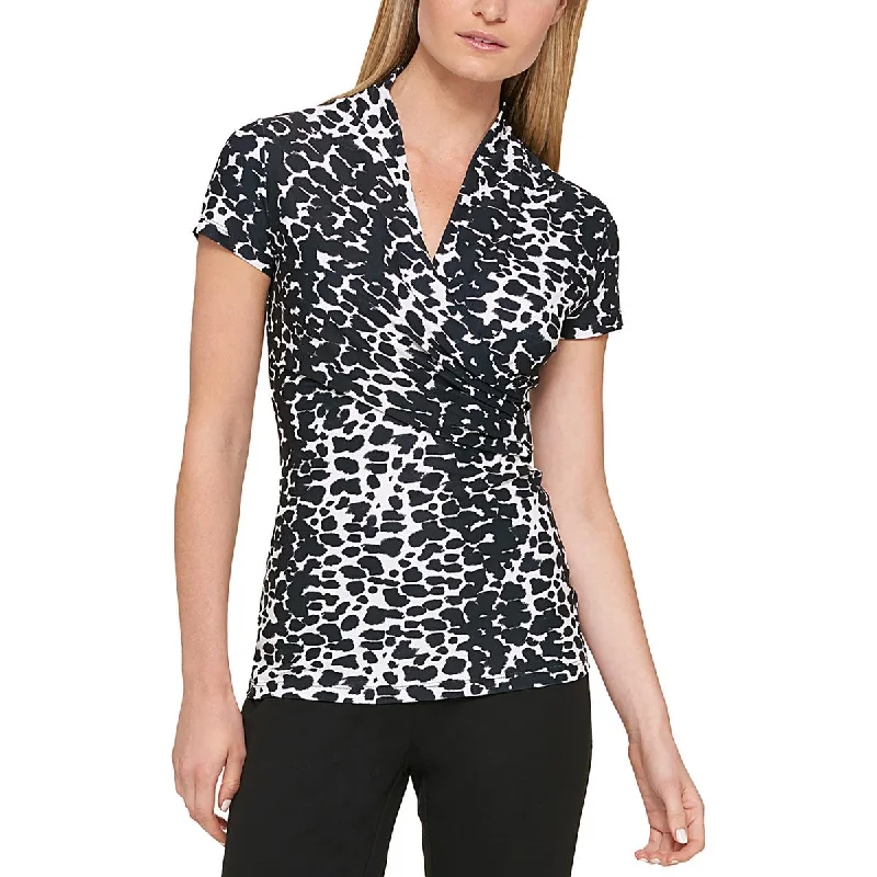 DKNY Womens Petites Animal Print Draped Blouse Textured Cotton Blouse