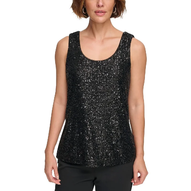 DKNY Womens Sequined Scoop Neck Blouse Feminine Puff Blouse