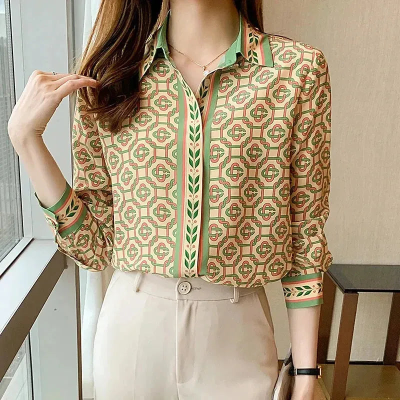 Fashion chained print ladies shirts Women's Blouses Spring Autumn Long Sleeve To Casual Button Blouse