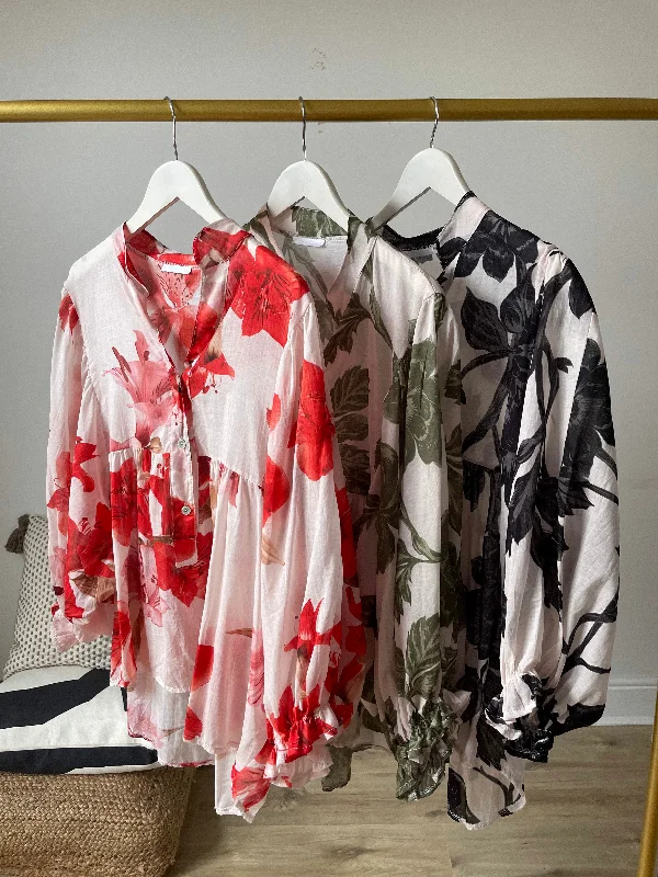 Flower Print Batwing Sleeves Blouse Soft Modal Blouse