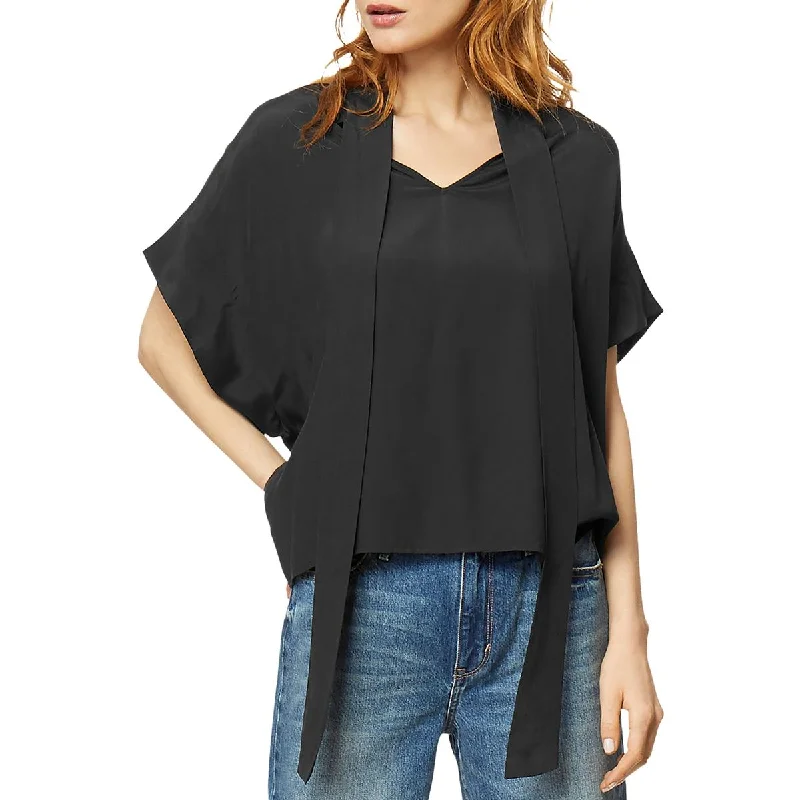 Habitual Womens McKenna Cropped Tie Neck Blouse Modern Work Blouse