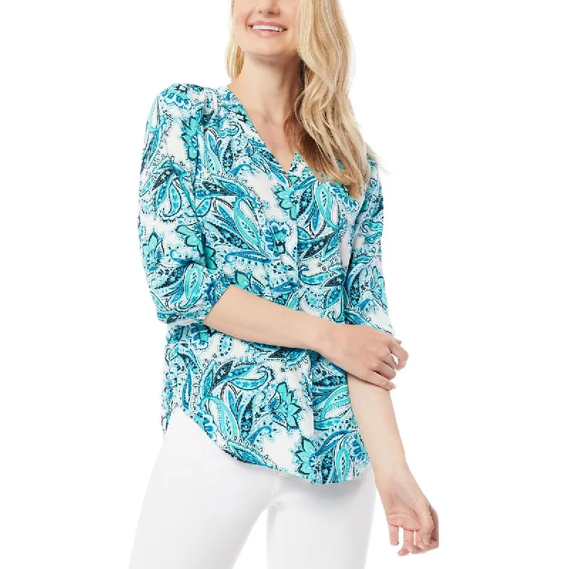 Jones New York Womens Printed V-Neck Blouse Stylish Wrap Blouse