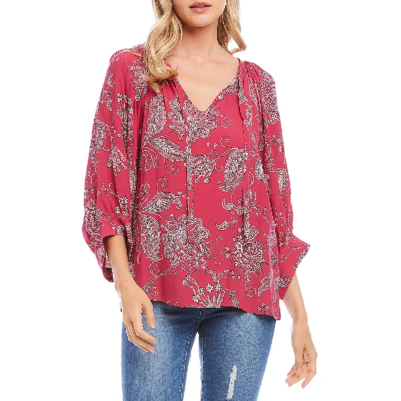 Karen Kane Womens Paisley Print Blouson Sleeve Blouse Ruffled Neck Blouse