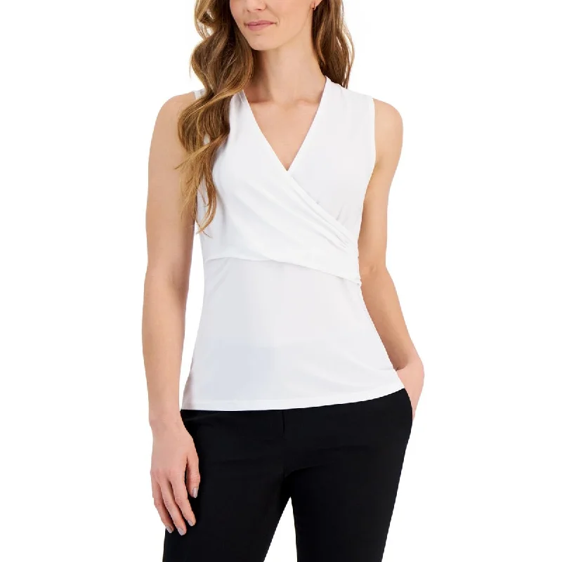 Kasper Womens Petites Faux-Wrap Sleeveless Blouse Polished Work Blouse