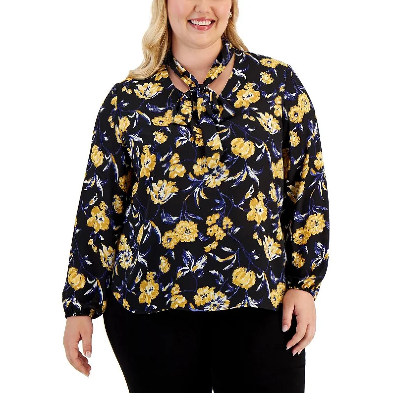 Kasper Womens Plus Floral Tie-Neck Blouse Peter Pan Collar Blouse