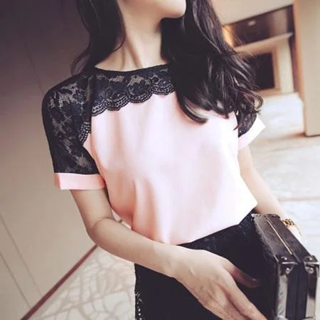 Korean Fashion Chiffon Women Blouses Lace Short Sleeve Pink Women Shirts Plus Size 4XL/5XL Womens Tops Blusas Femininas Elegante Polished Work Blouse