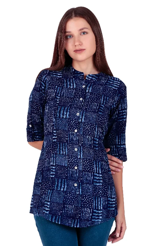 Ladyline Casual Rayon Printed Tunic Top Blouse for Womens Stand Collar Full Button Down Roll-Up SleevesShort Kurti Ethnic Print Side Tie Blouse