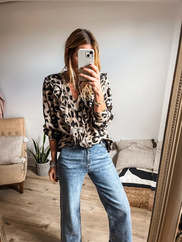 Leopard Print Frill Blouse Embroidered Floral Blouse