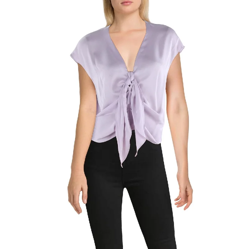 Ramy Brook Womens Satin V-Neck Blouse Pleated Collar Blouse