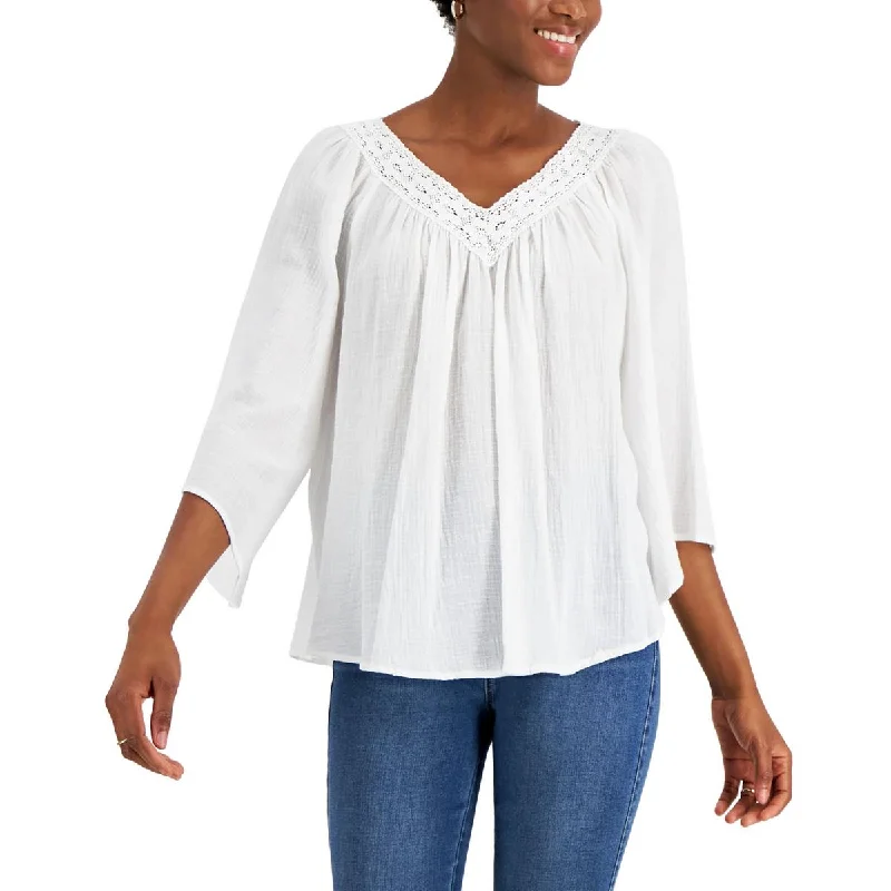 Studio by JPR Womens Cotton Crochet Trim Blouse Modern Oversized Blouse