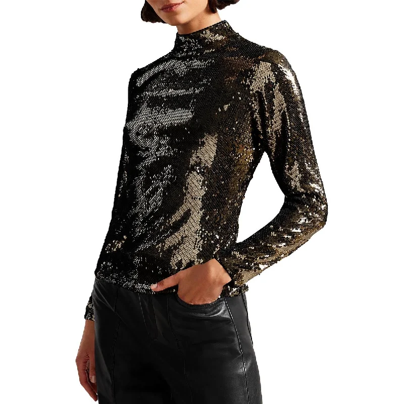 Ted Baker Womens Sequined Mock Neck Blouse Chic Square Blouse