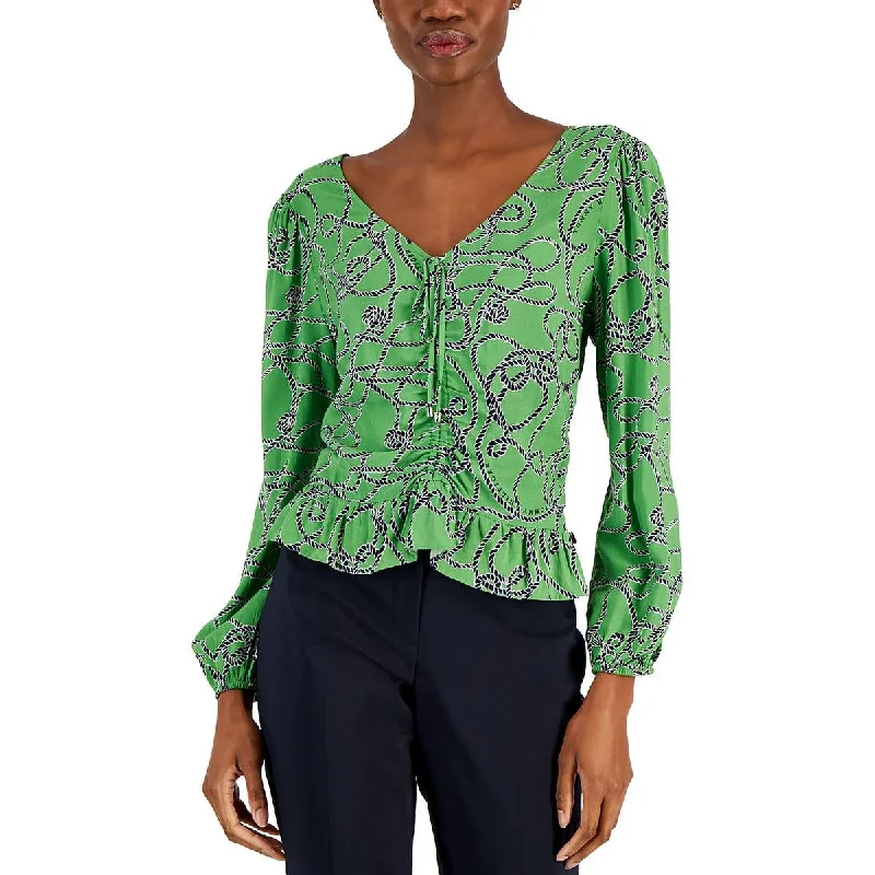 Tommy Hilfiger Womens Printed Ruched Blouse Stretchy Fitted Blouse