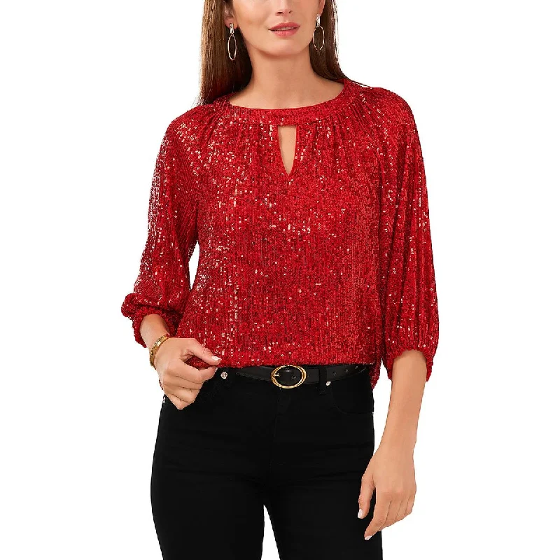 Vince Camuto Womens Sequined Keyhole Blouse Soft Satin Blouse