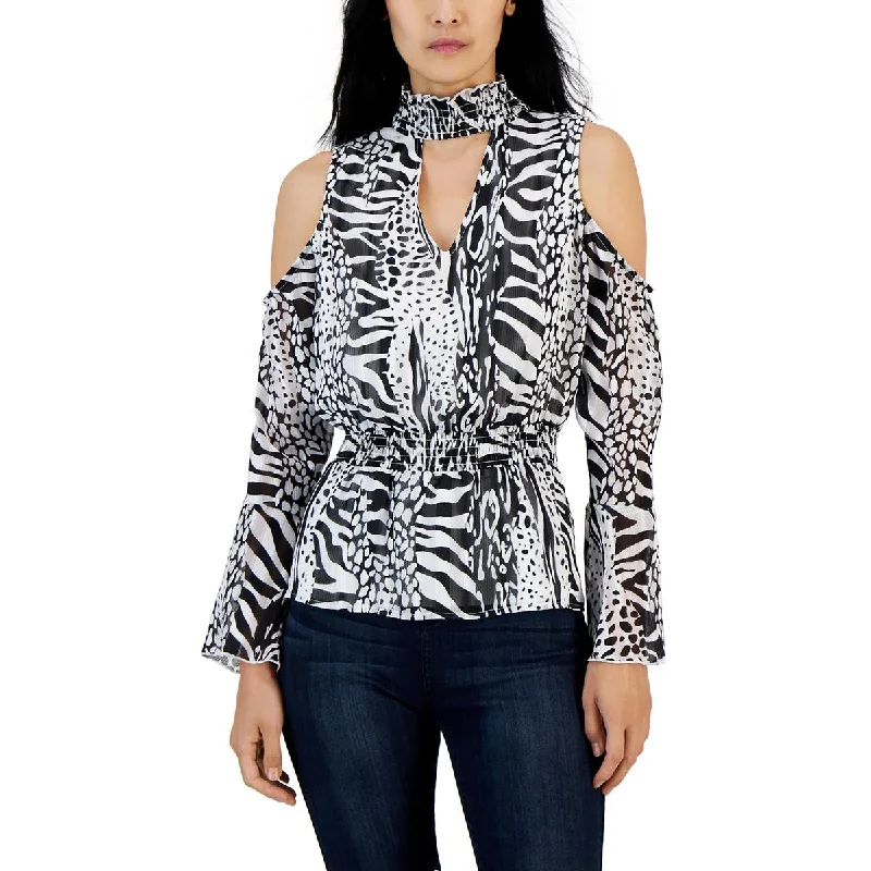 Willow Drive Womens Animal Print Open Back Blouse High Neck Blouse