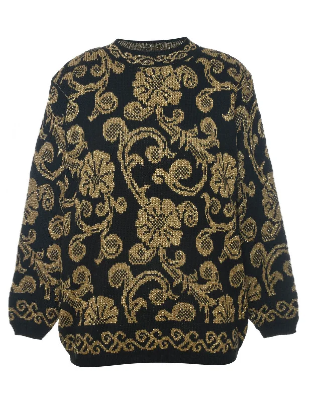 Alfred Dunner Lurex Thread Pattern Black & Gold Sparkly Jumper - S Chenille Blend Fleece Blend Nylon Blend